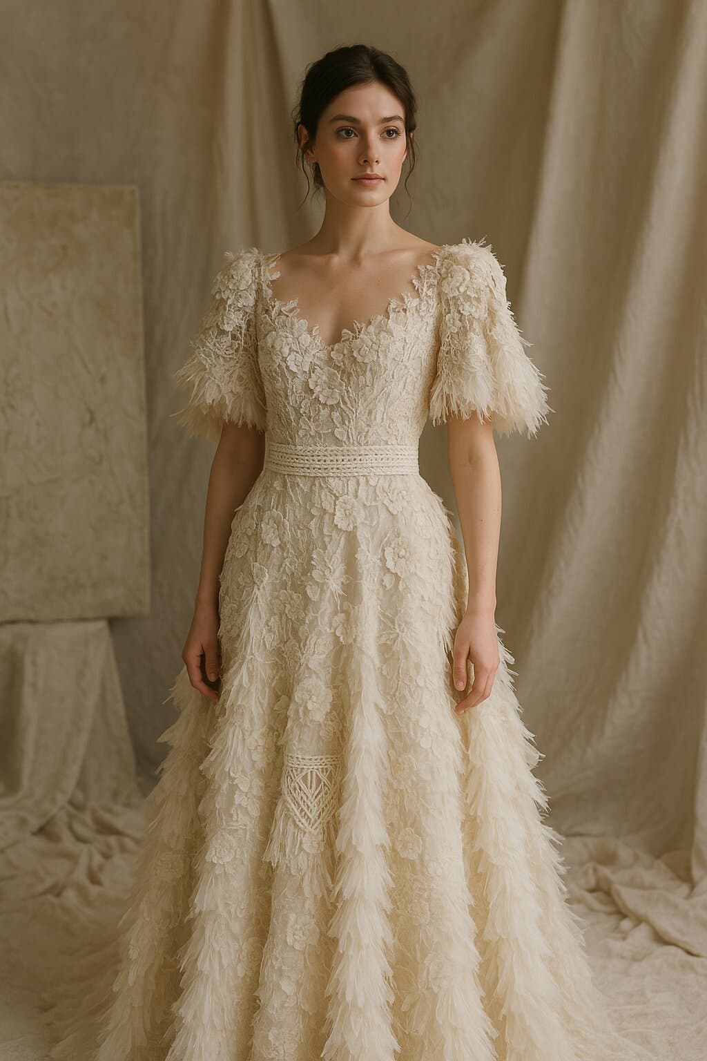 Artisanal wedding dress with mixed textures, 3D elements, and handcrafted details