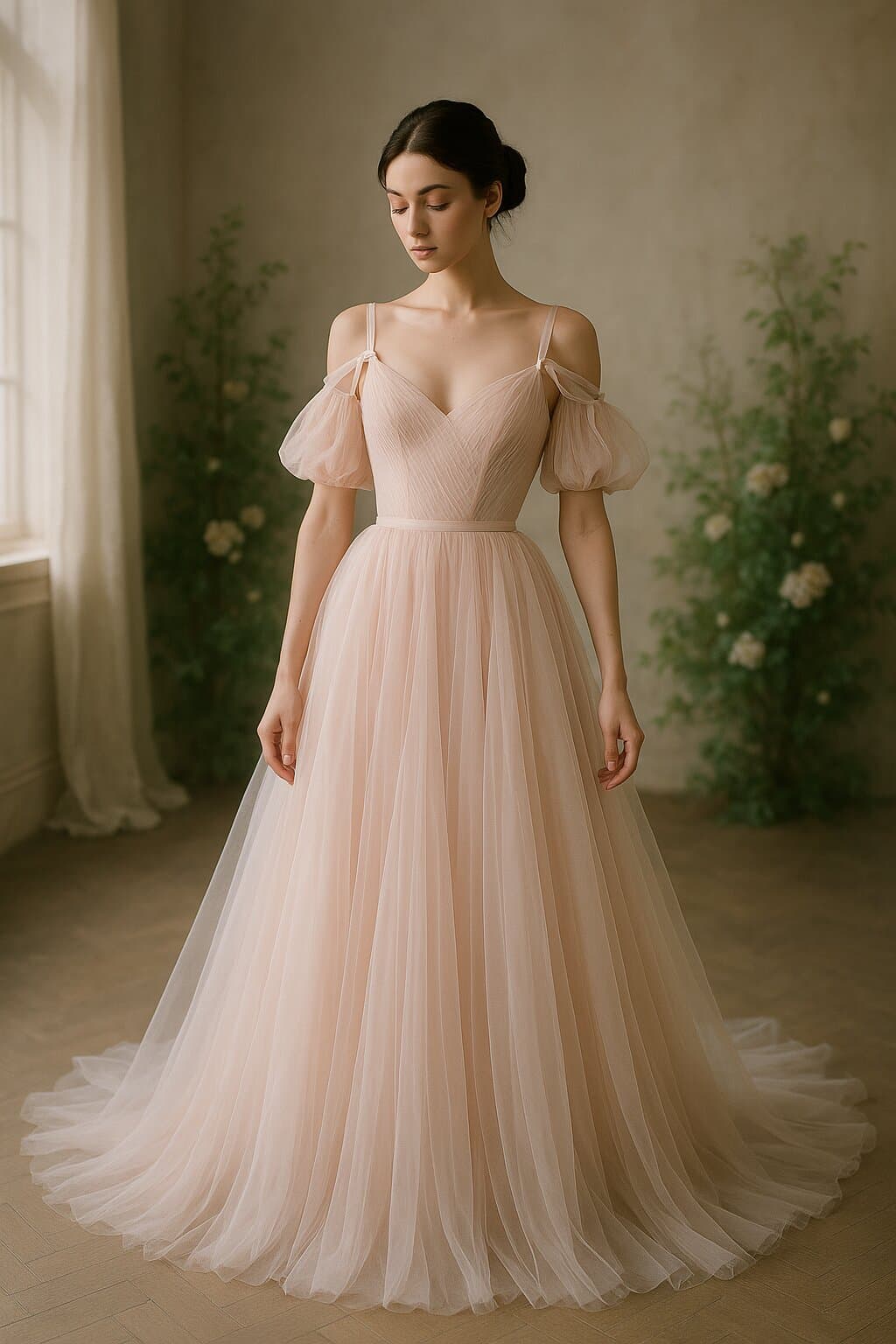 Ballet-inspired wedding dress with tulle layers, delicate bodice, and romantic details