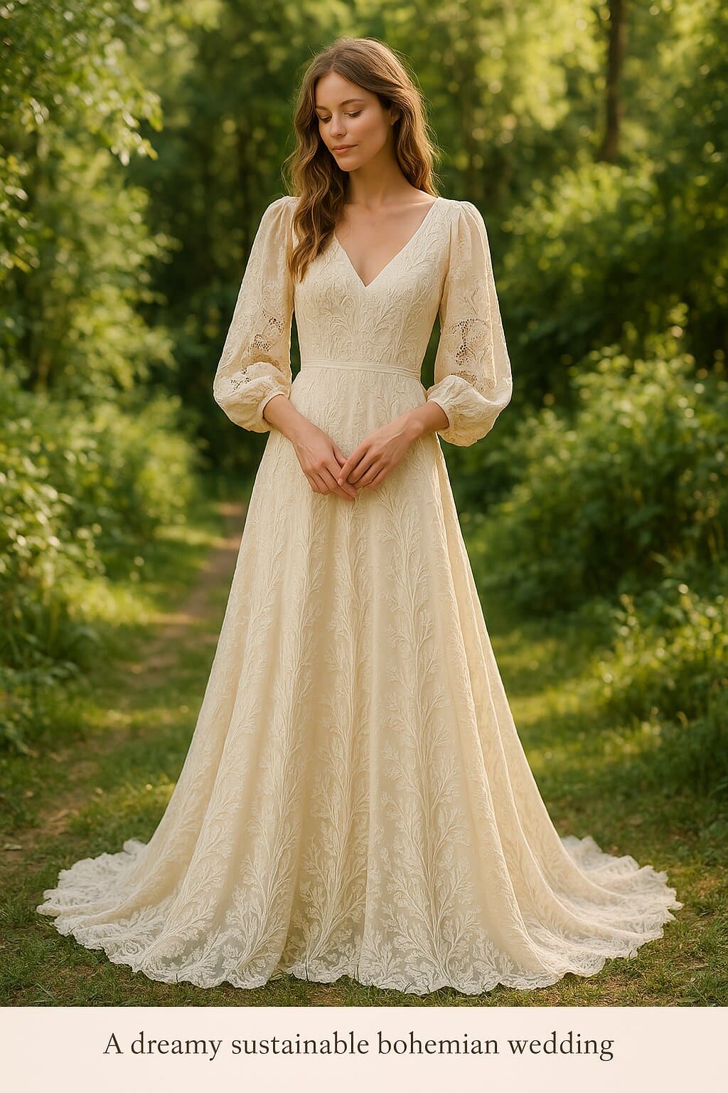 Sustainable bohemian wedding dress with organic cotton lace and flowing silhouette