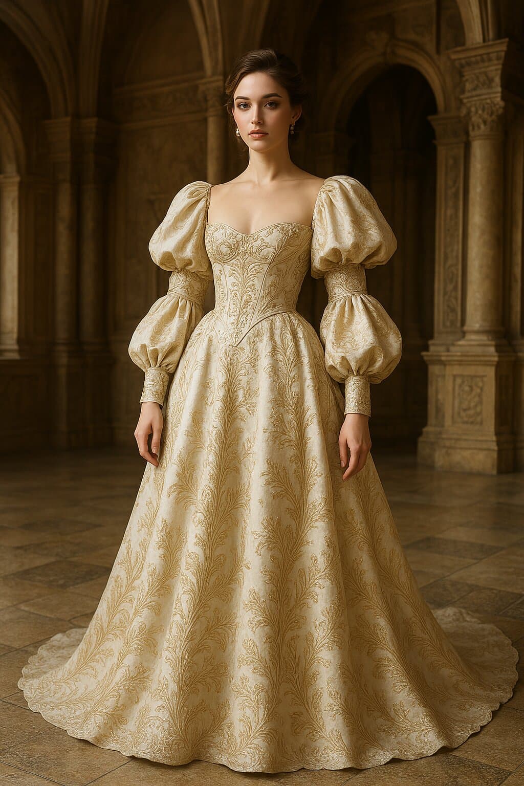 Neo-Renaissance gown with corseted bodice, statement sleeves, and rich brocade details