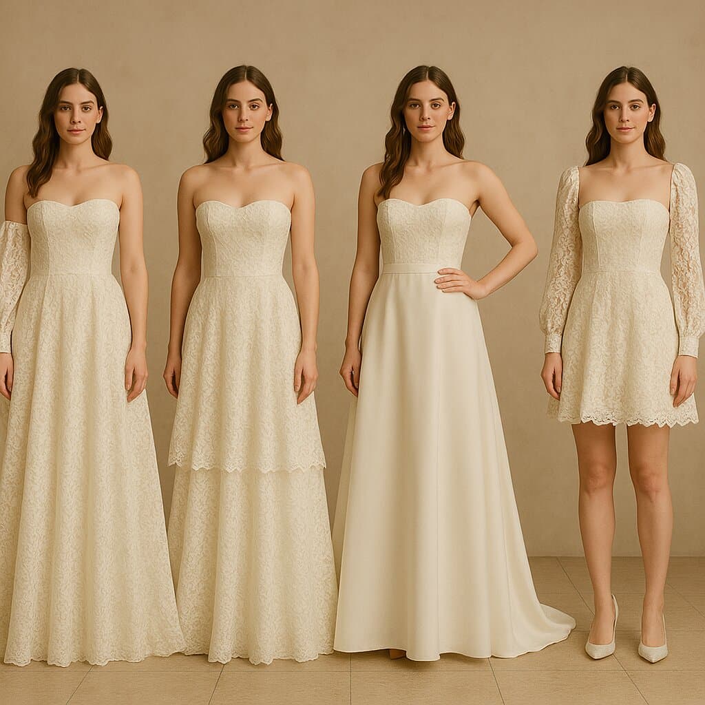 Transformable wedding dress with detachable elements showing multiple styling options